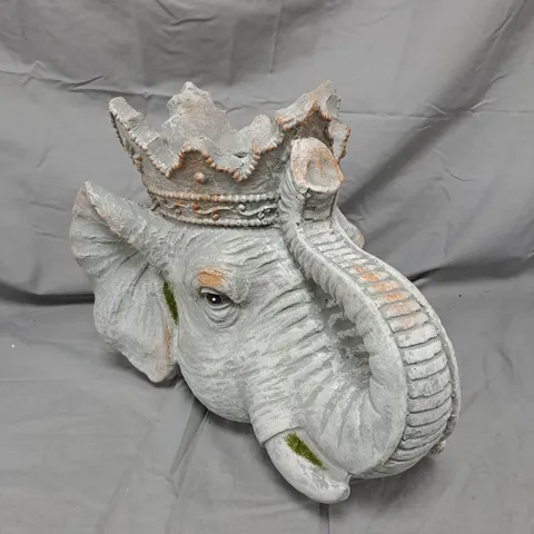 ELEPHANT HEAD GARDEN STATUE WITH OPEN CROWN – WEATHERED OUTDOOR ORNAMENT