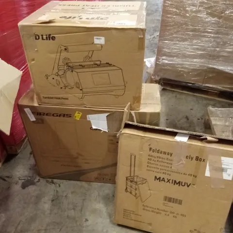 PALLET OF ASSORTED HOUSEHOLD GOODS AND PRODUCTS TO INCLUDE; TUMBLER HEAT PRESSURE, FOLDABLE WHEELY BOX, COOKER HOOD ETC