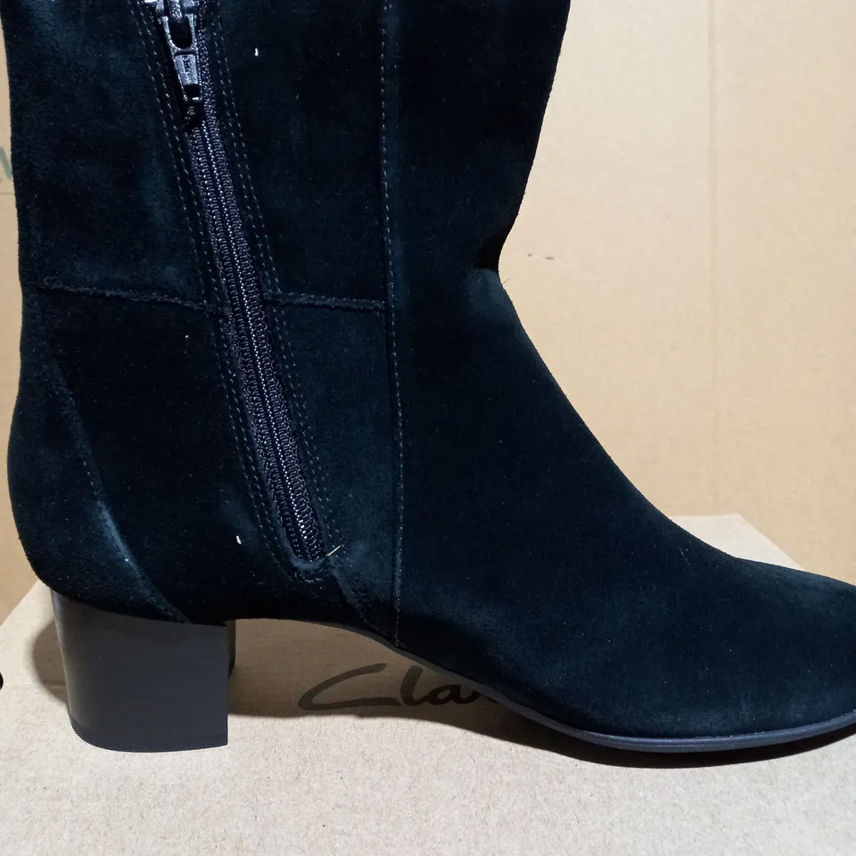 CLARKS LINNAE UP BLACK SUEDE HEELED BOOTS - SIZE 6