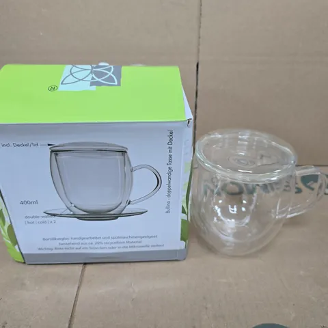 DOUBLE-WALLED GLASS MUG WITH LID, 400 ML (BOROSILICATE GLASS)