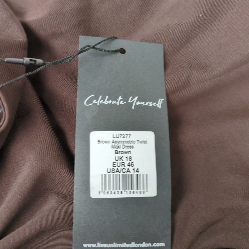 LIVE UNLIMITED LONDON BROWN ASYMMETRIC TWIST MAXI DRESS – UK 18