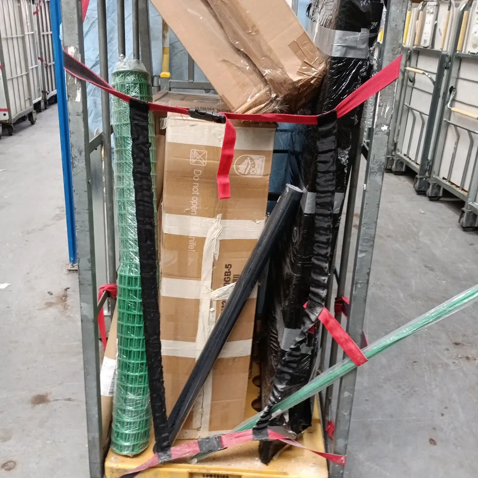 CAGE OF ASSORTED HOUSEHOLD ITEMS.