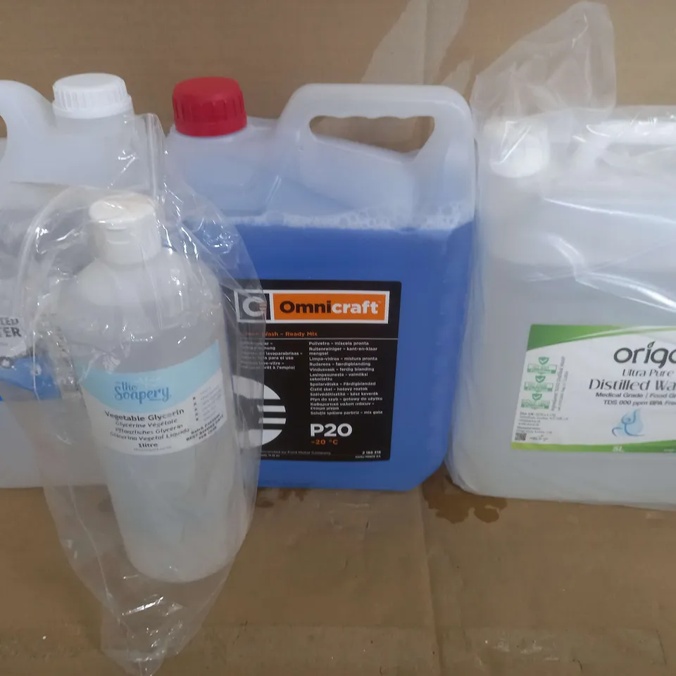 LOT OF 4 CLEANING PRODUCTS TO INCLUDE - PURIFIED WATER - OMNI CRAFT P20 SCREEN WASH - ORIGO DISTILLED WATER - VEGETABLE GLYCERIN / COLLECTION ONLY 