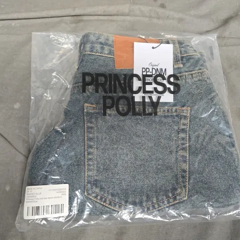 BAGGED PRINCESS POLLY MID RISE DENIM SHORTS IN WAHSED BLUE - UK 10