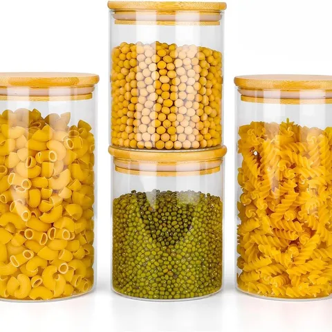BOXED NEO SET OF CLEAR HIGH BOROSILICATE GLASS STORAGE JARS WITH AIRTIGHT BAMBOO LID SET KITCHEN PANTRY FOOD CANISTER CONTAINER (4 PIECE)