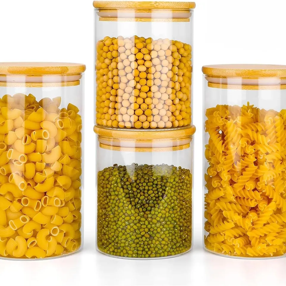 BOXED NEO SET OF CLEAR HIGH BOROSILICATE GLASS STORAGE JARS WITH AIRTIGHT BAMBOO LID SET KITCHEN PANTRY FOOD CANISTER CONTAINER (4 PIECE)
