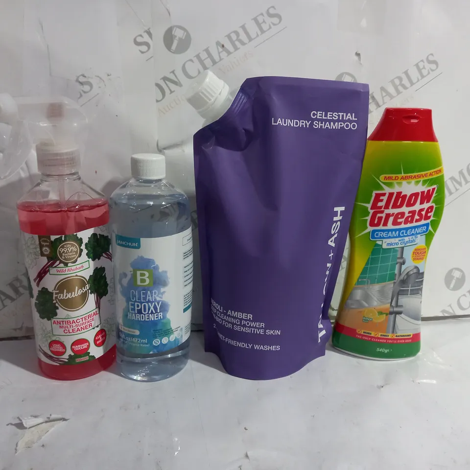 BOX OF APPROX 8 ASSORTED LIQUIDS TO INCLUDE - EPOXY HARDENER - DEEP CLEANING POWERDER - ELBOW GREASE CREAM CLEANER ECT