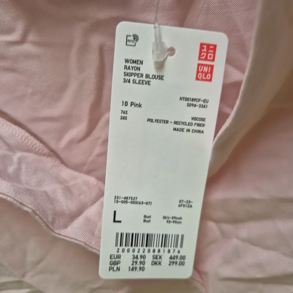 Uniqlo Women’s Rayon Skipper Blouse, 3/4 Sleeve, Pink – Size L