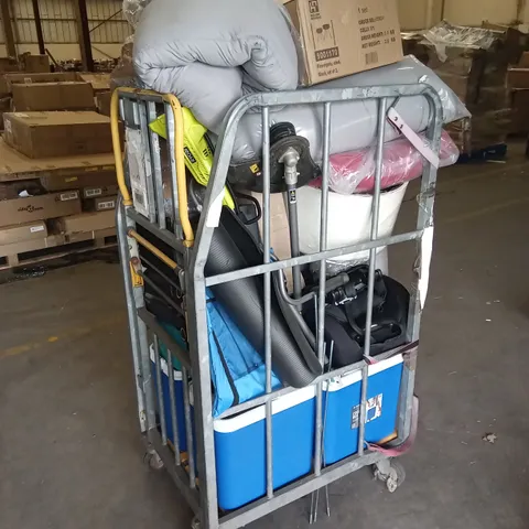 CAGE OF ASSORTED HOUSEHOLD GOODS AND PRODUCTS TO INCLUDE; COOLER BOXES, BUTTER DISHES, ART CANVAS, YOGA MAT ETC