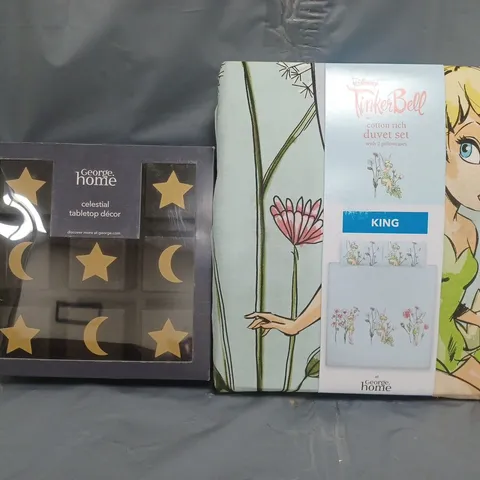 BOX OF APPROXIMATELY 15 ASSORTED HOUSEHOLD ITEMS TO INCLUDE DISNEY TINKERBELL KING DUVET SET, CELESTIAL TABLETOP DΓCOR, ETC - COLLECTION ONLY