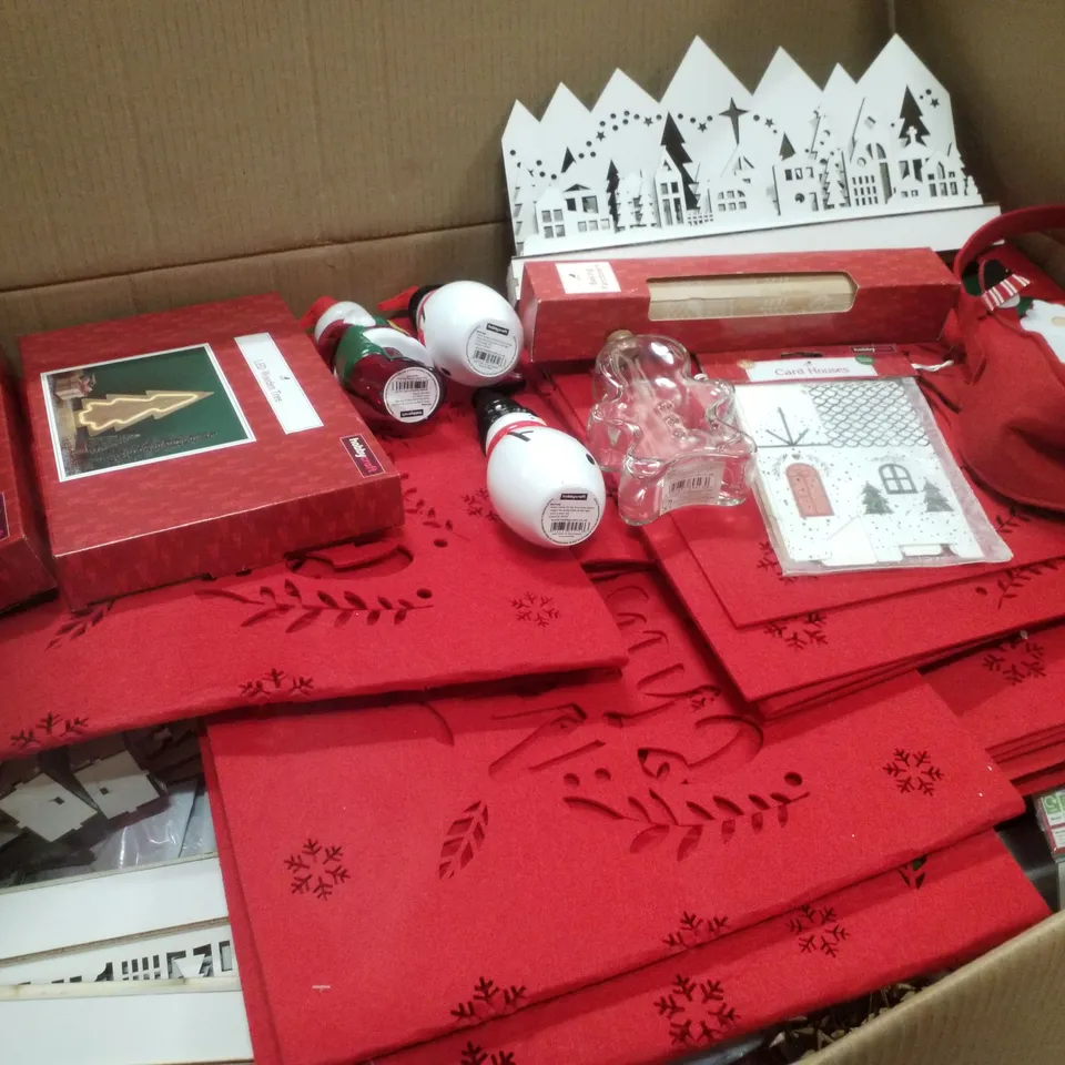PALLET CONTAINING ASSORTED CHRISTMAS PRODUCTS & DECORATIONS INCLUDING LED WOODEN TREES, SNOWMAN SOAP DISPENSERS, GLASS GINGERBREAD MAN BOTTLES, FELT TABLE RUNNERS & WOODEN LIGHT UP VILLAGES