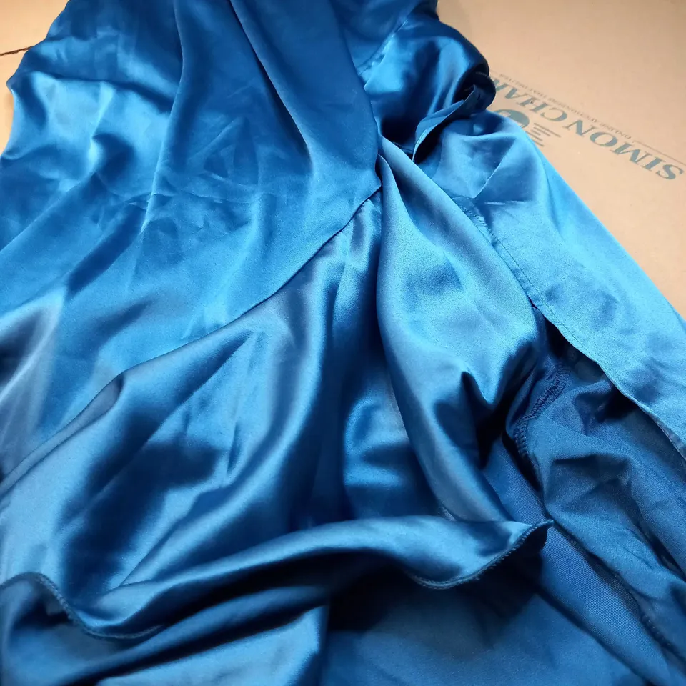 BOOHOO TEAL SATIN COWL NECK RUFFLE MAXI DRESS - SIZE 16
