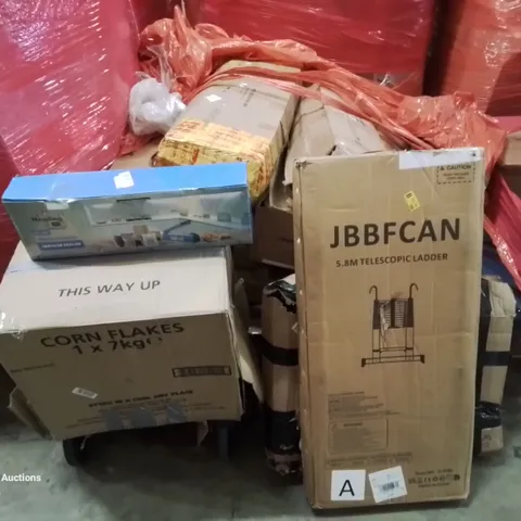 PALLET OF VARIOUS ASSORTED BOXED HOUSEHOLD ITEMS TO INCLUDE. SEVERAL GAZEBOS, PUSHCHAIR, IMPULSE SEALER, TELESCOPIC LADDER ETC.