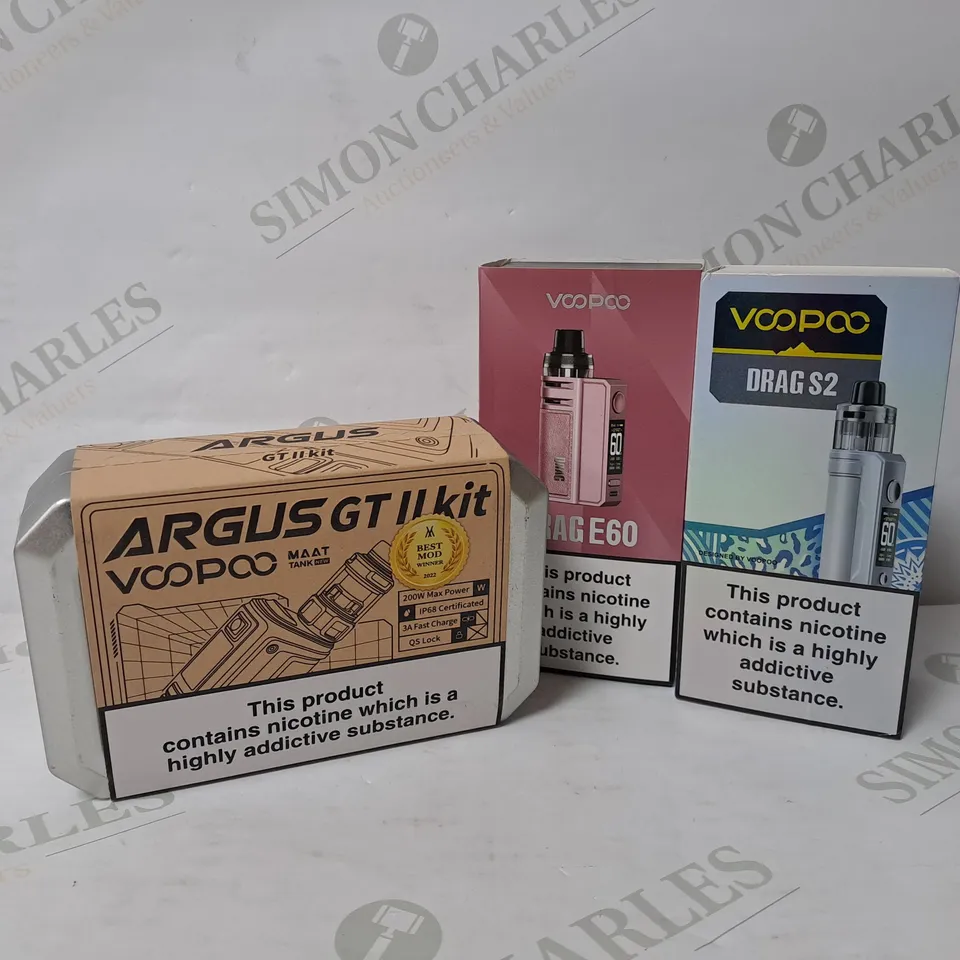 3 ASSORTED VOOPOO VAPE KITS TO INCLUDE ARGUS GT II KIT, DRAG S2, DRAG E60  