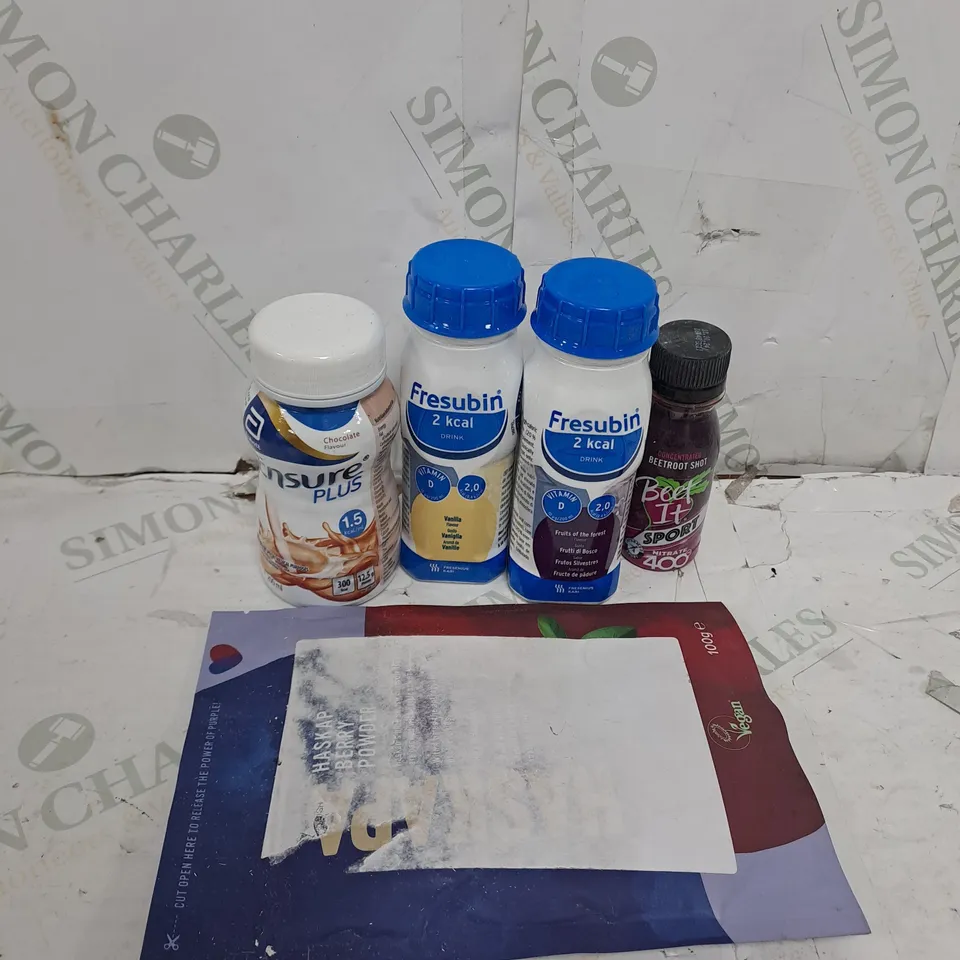 TOTE OF ASSORTED FOOD AND DRINK TOO INCLUDE , FRESUBIN , ENSURE , HASKAPA , ETC 
