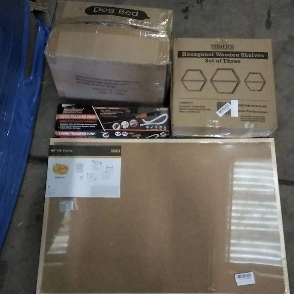 PALLET OF ASSORTED ITEMS INCLUDING DOG BED, COMFIFY HEXAGONAL WOODEN SHELVES, CORK NOTICE BOARD, GETFIT KING PREMIUM AIR BED, LIQUID TRANSFER PUMP, DREAMLOVE WIG STAND