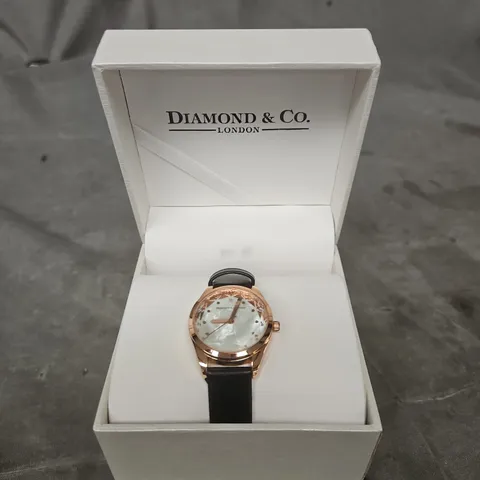 DIAMOND & CO. LONDON WRISTWATCH – ROSE GOLD TONE CASE, BLACK LEATHER STRAP