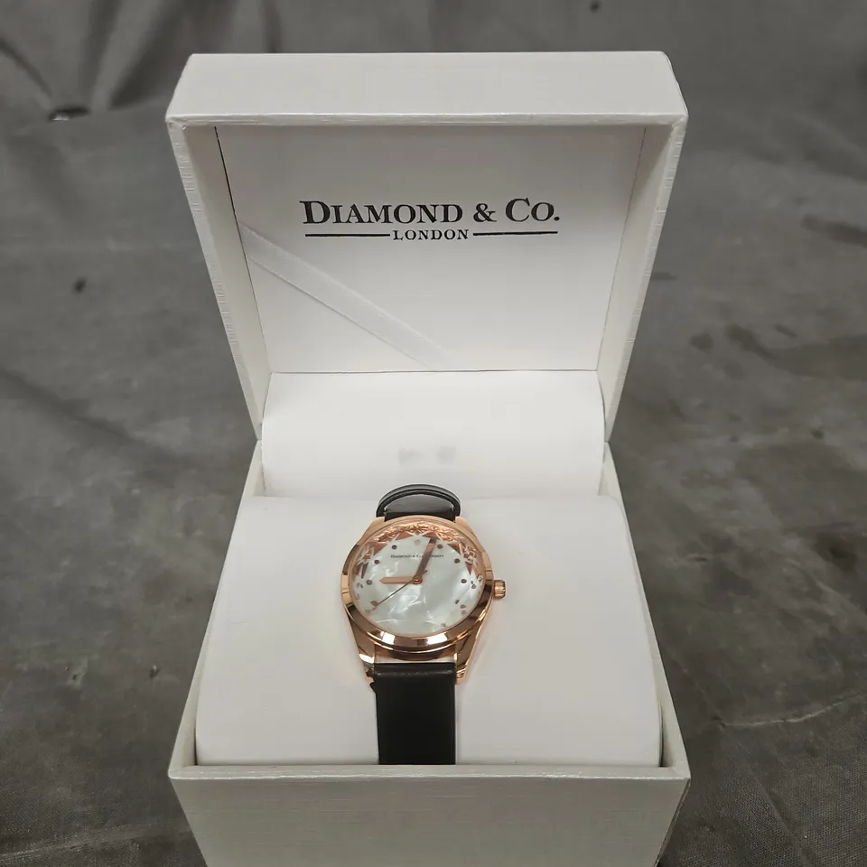 DIAMOND & CO. LONDON WRISTWATCH – ROSE GOLD TONE CASE, BLACK LEATHER STRAP
