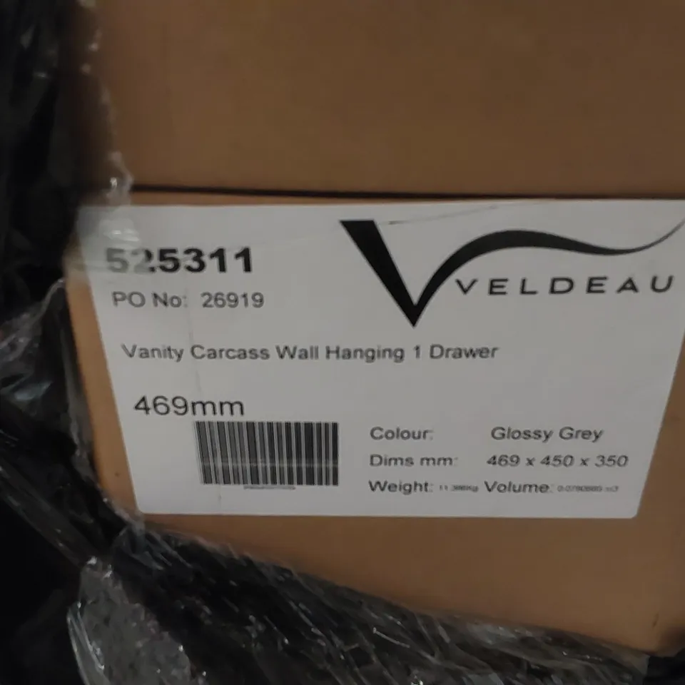 PALLET CONTAINING A LARGE ASSORTMENT OF BATHROOM FURNITURE PARTS INCLUDING: VELDEAU VANITY CARCASSES