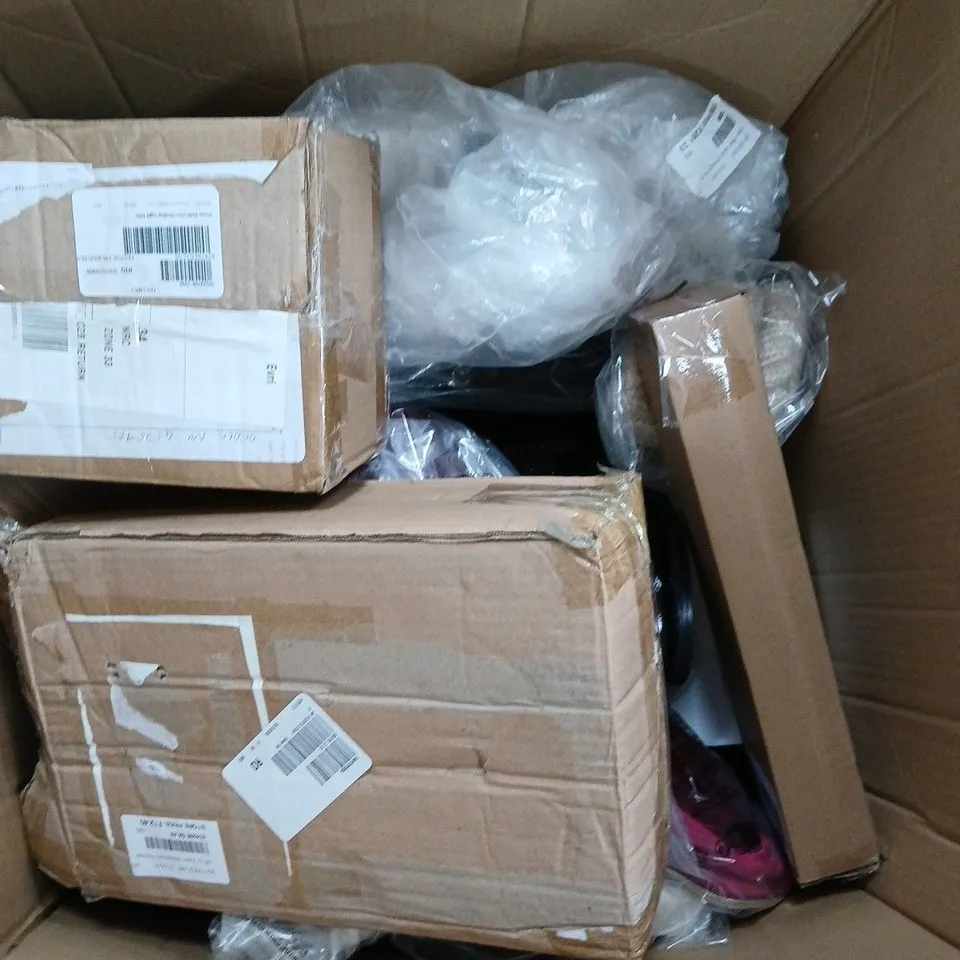 LARGE BOX OF APPROX 15 ASSORTED ITEMS TO INCLUDE HAIR STRAIGHTNER , PANS AND CLOTHING ITEMS 