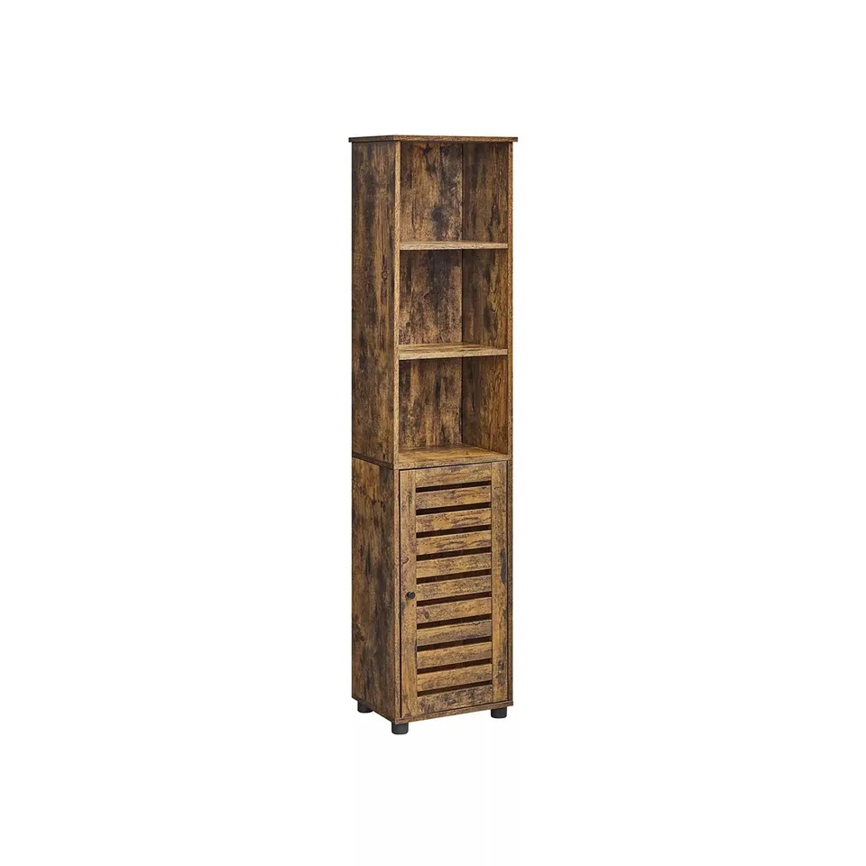 BOXED VASAGLE FREESTANDING TALL BATHROOM STORAGE CABINET, BATHROOM FLOOR CABINET, WITH OPEN SHELVES, ADJUSTABLE SHELVES, RUSTIC BROWN