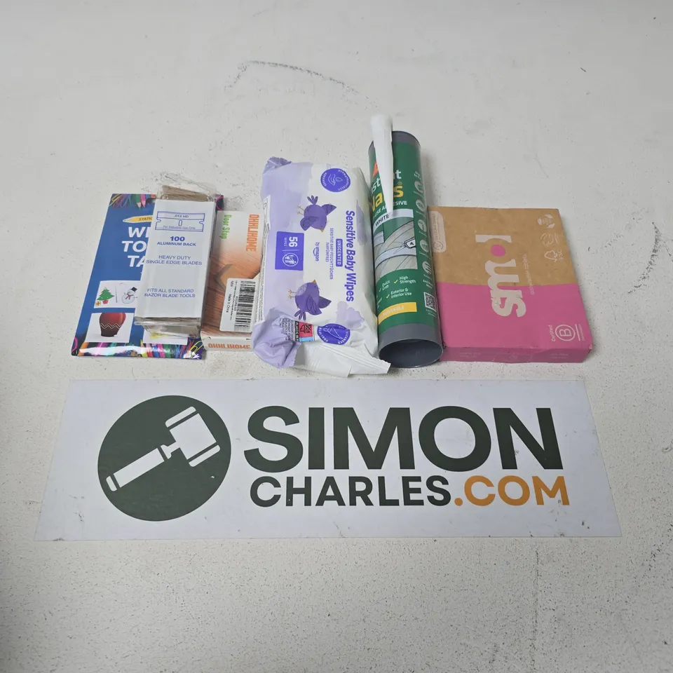 APPROXIMATELY 12 ASSORTED HOUSEHOLD ITEMS TO INCLUDE SENSITIVE BABY WIPES, SIKA INSTANT NAILS, DOOR STOP, ETC