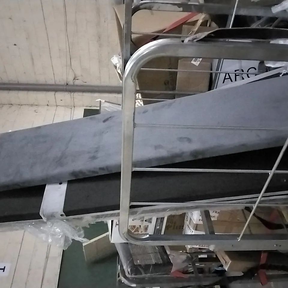 CAGE OF ASSORTED GREY VELVET BED PARTS