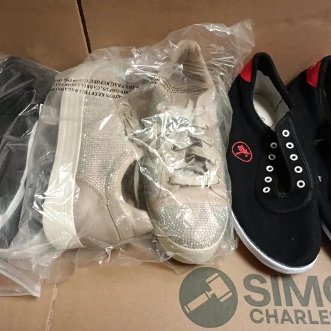 BOX OF APPROXIMATELY 15 ASSORTED PAIRS OF SHOES AND FOOTWEAR ITEMS IN VARIOUS COLOURS, STYLES, AND SIZES - COLLECTION ONLY