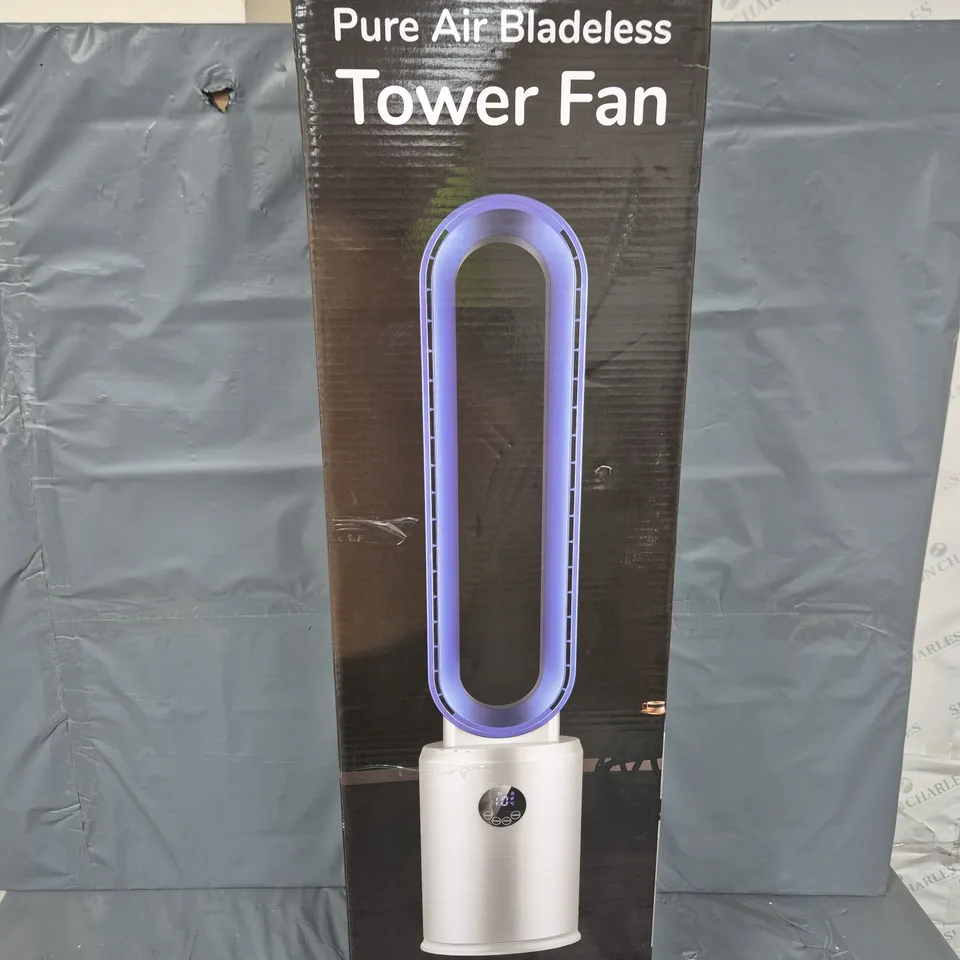 BOXED BLISS & BEYOND PURE AIR BLADELESS TOWER FAN IN WHITE/BLUE