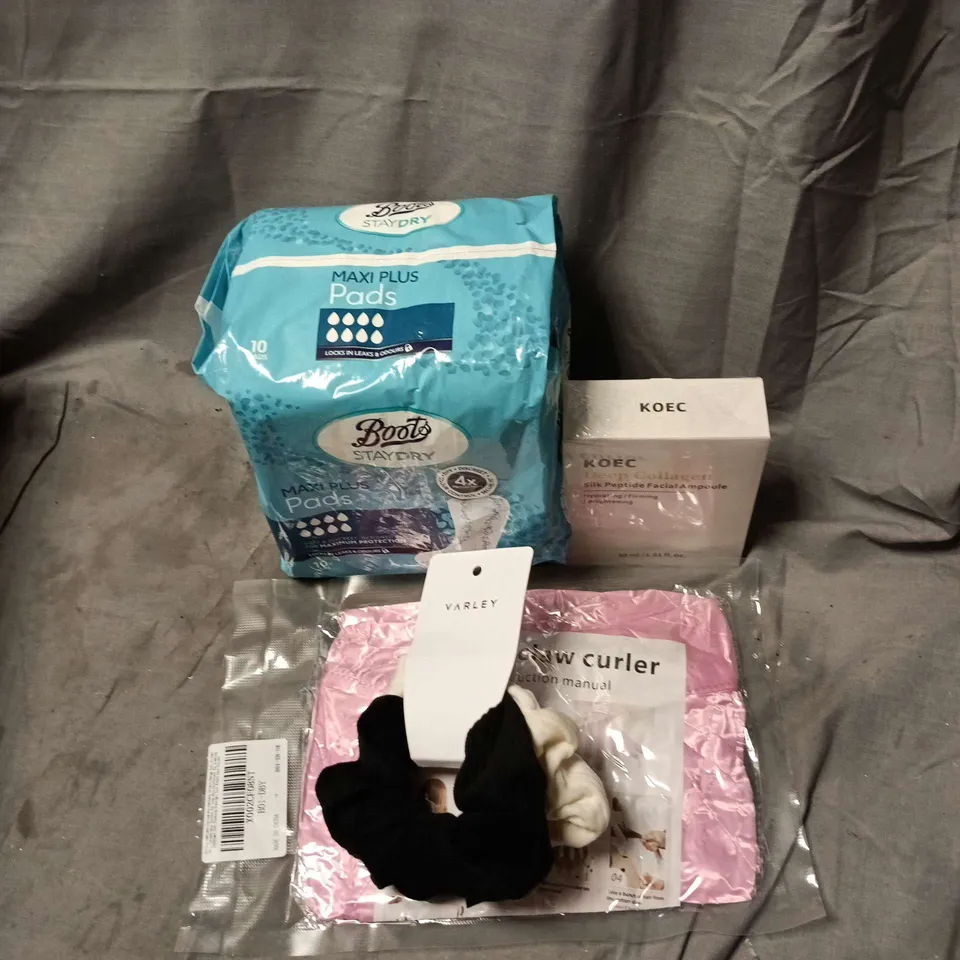 BOX OF APPROXIMATELY 8 ASSORTED COSMETIC ITEMS TO INCLUDE KOEC DEEP COLLAGEN, BOOTS MAXI PADS, SCRUNCHIES, EIGHT CLAW CURLER ETC