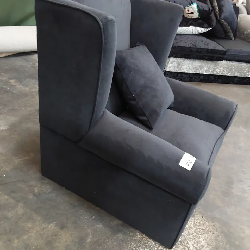 DESIGNER WINGED EASY CHAIR CHARCOAL FABRIC 