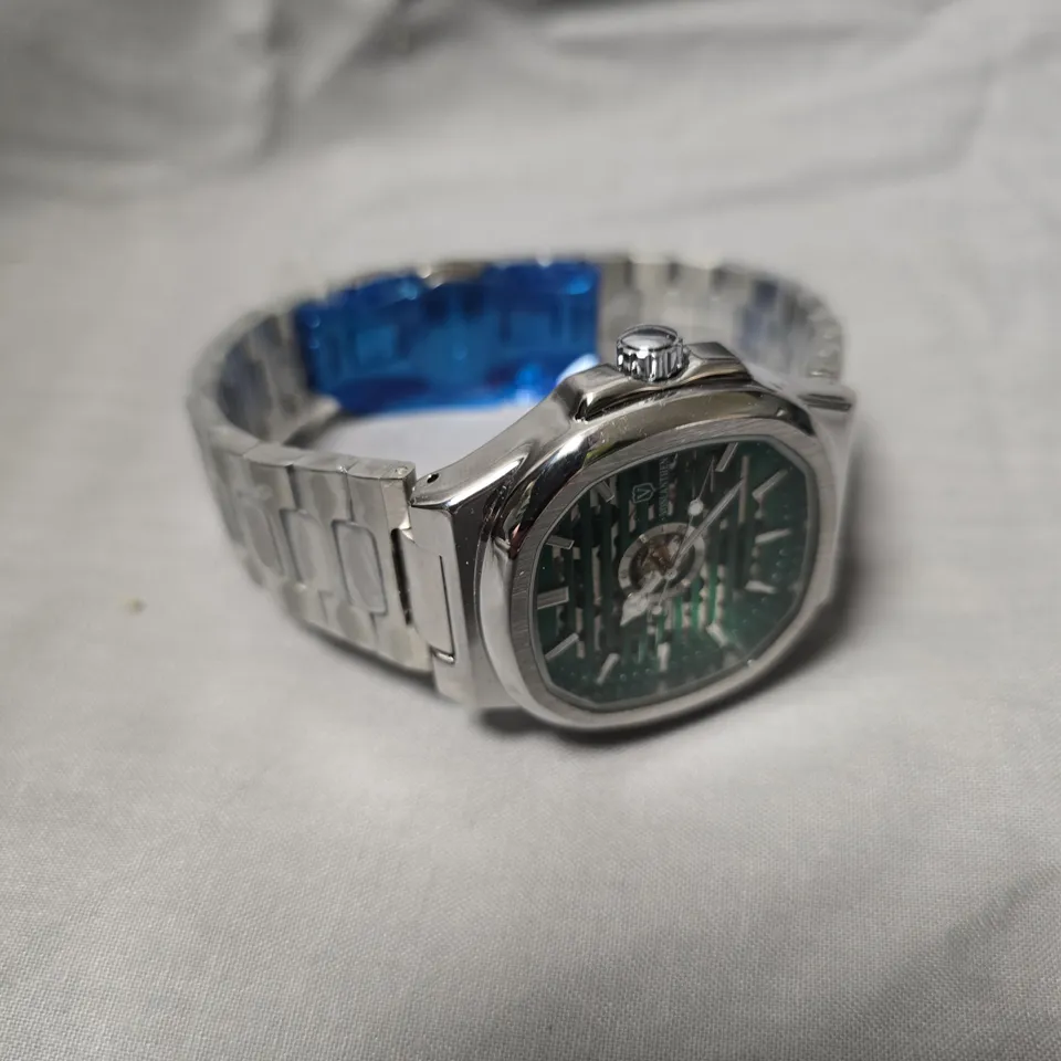 MENS VONLANTHEN AUTOMATIC WATCH – GREEN SKELETON DIAL – STAINLESS STEEL STRAP – GLASS EXHIBITION BACK CASE