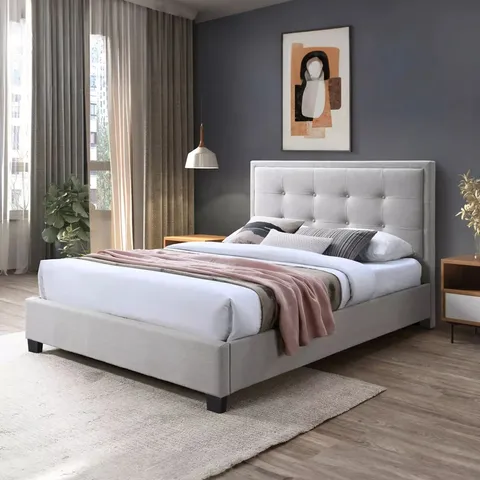 BOXED LANGLEY FABRIC DOUBLE BED FRAME - GREY (4 BOXES)