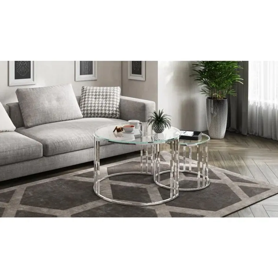 BOXED ECLIPSE CLEAR GLASS COFFEE TABLE SET - SILVER/CLEAR (1 BOX)