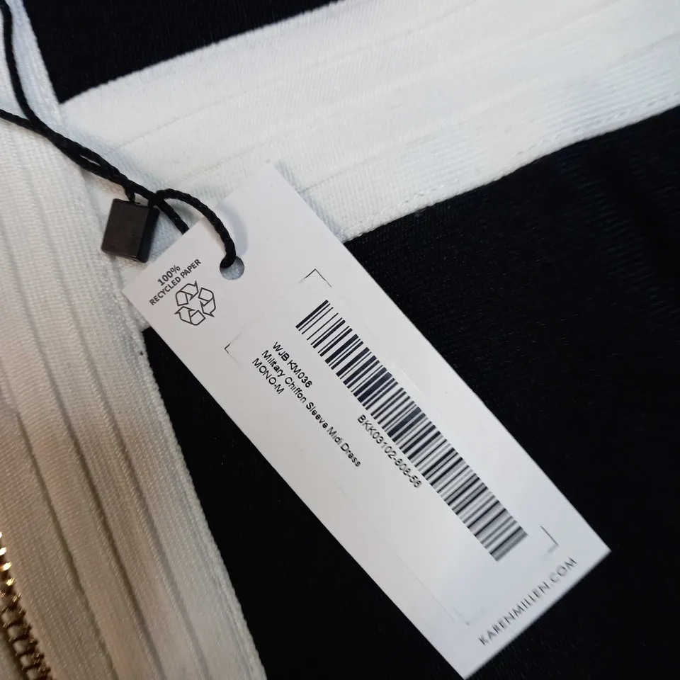 KAREN MILLEN BLACK/WHITE MILITARY CHIFFON SLEEVE MIDI DRESS - MEDIUM