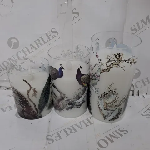 ALISON CORK SET OF 3 GLASS PRINTED PEACOCK LED CANDLES