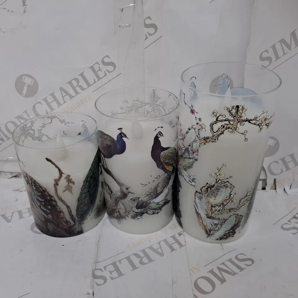 ALISON CORK SET OF 3 GLASS PRINTED PEACOCK LED CANDLES 