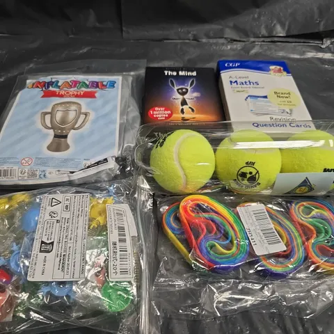 APPROXIMATELY 10 ASSORTED TOYS & GAMES PRODUCTS TO INCLUDE , PLAYING CARDS , REVISION CARDS , TENNIS BALLS , ETC 