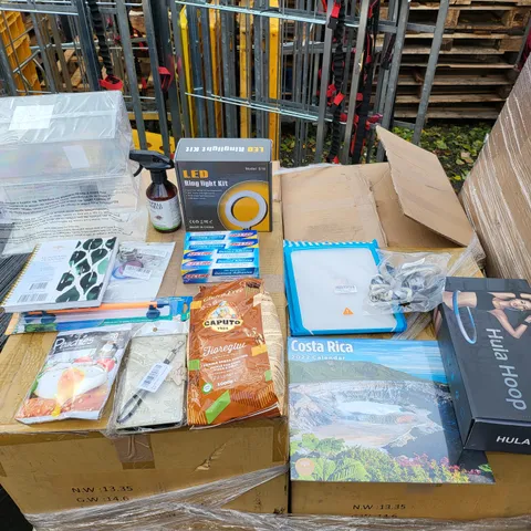 PALLET OF 16 MEDIUM BOXES OF A SIGNIFICANT QUANTITY OF ASSORTED ITEMS TO INCLUDE LED RING LIGHT KIT, HULA HOIP, AIRBAG CASE, POACHIES EGG POACHER, ETC