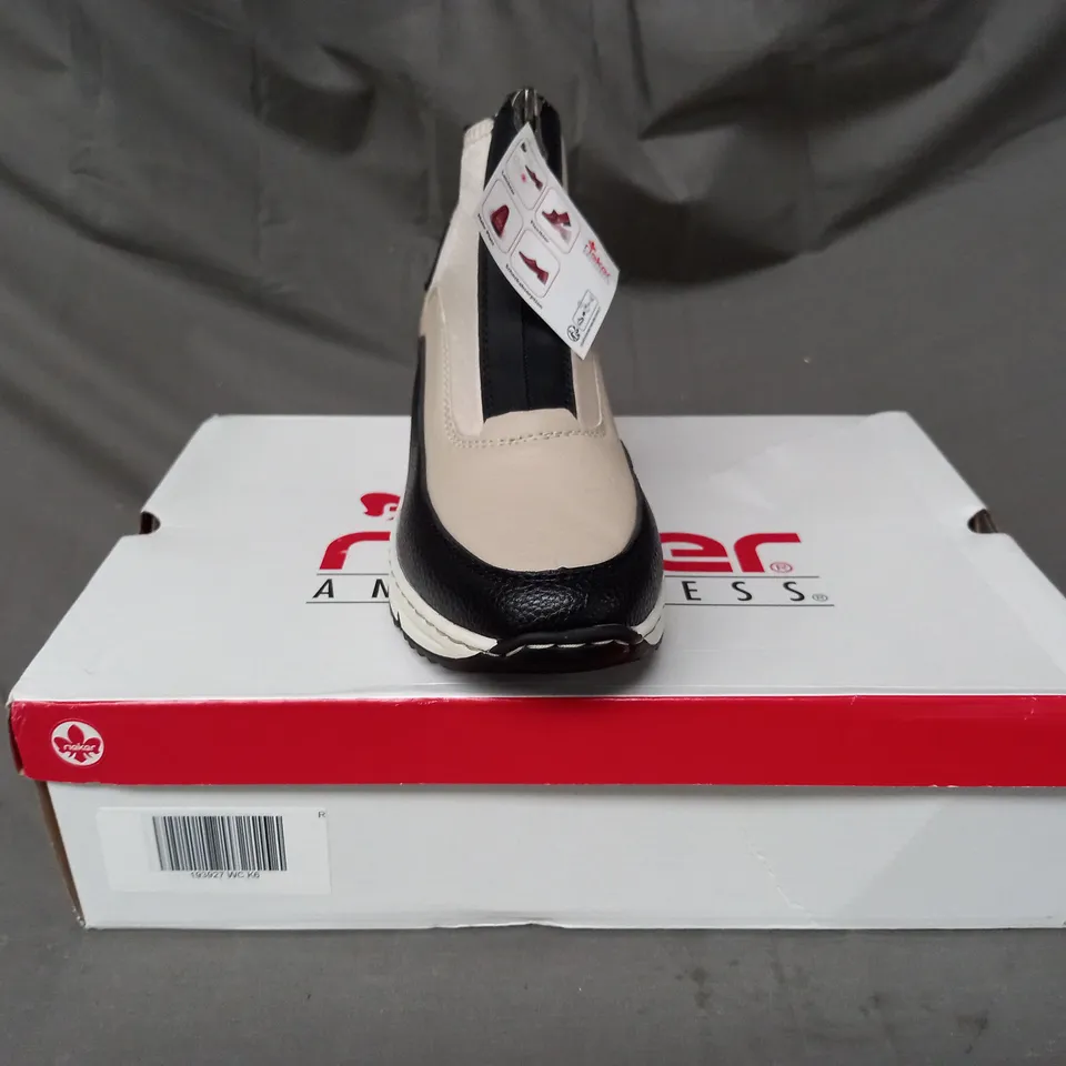 BOXED PAIR OF RIEKER HI-TOP TRAINERS IN BEIGE SIZE 6