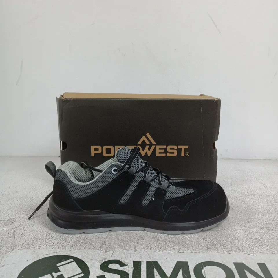 PORTWEST COMPOSITE COW SUEDE LEATHER TRAINER S1 ESD SR FO – BLACK/GREY, UK 9 (EU 43)