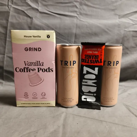 BOX OF APPROXIMATELY 10 ASSORTED FOOD AND DRINK ITEMS TO INCLUDE TRIP DRINK, GRIND VANILLA COFFEE PODS, ETC