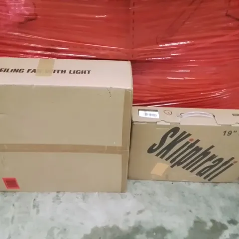 PALLET OF ASSORTED HOUSEHOLD GOODS AND PRODUCTS TO INCLUDE;LED MONITOR,CEILING FAN WITH LIGHT