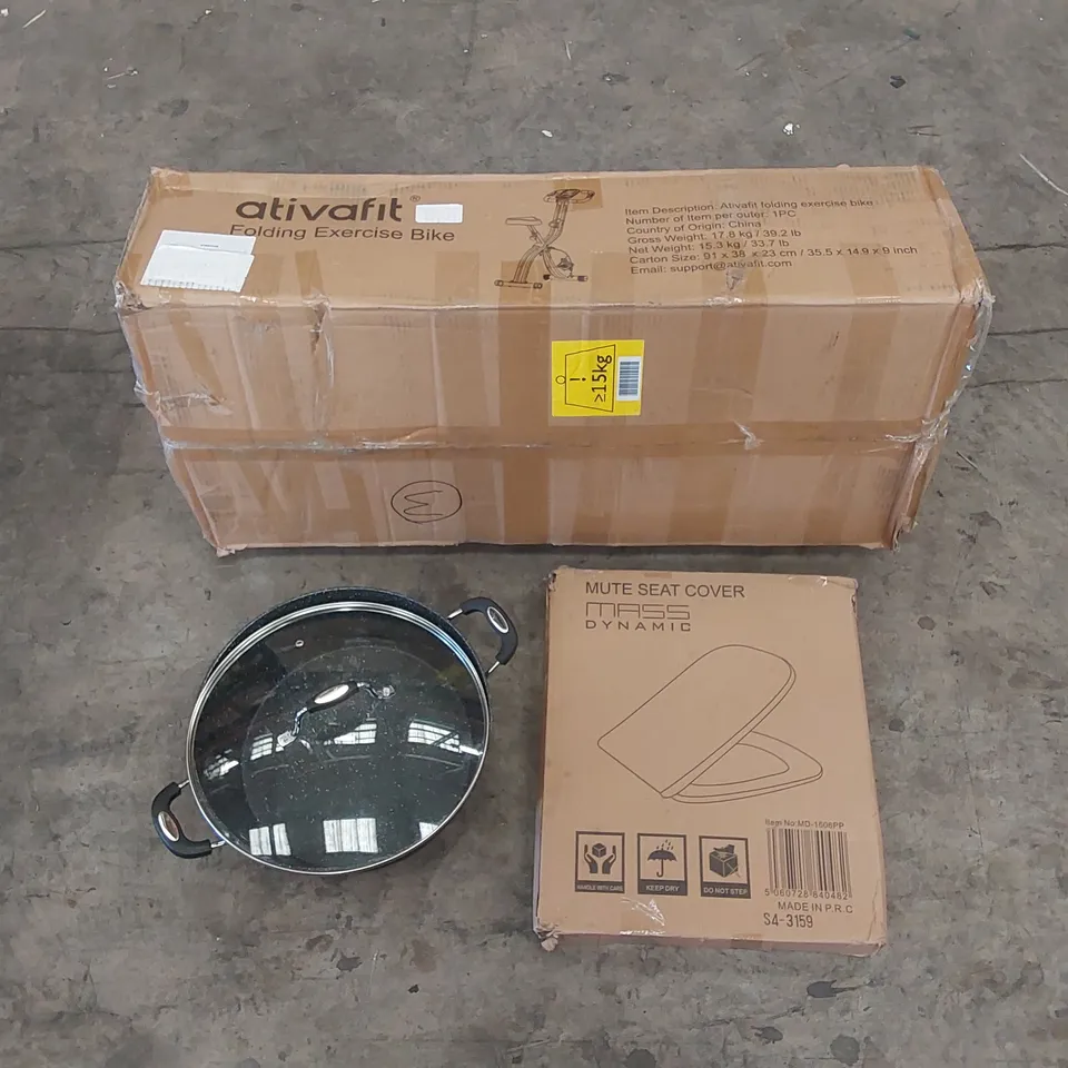 PALLET OF ASSORTED HOUSEHOLD ITEMS AND CONSUMER PRODUCTS TO INCLUDE; FOLDING EXERCISE BIKE, PAN, TOILET SEAT, BOXED FURNITURE ETC 