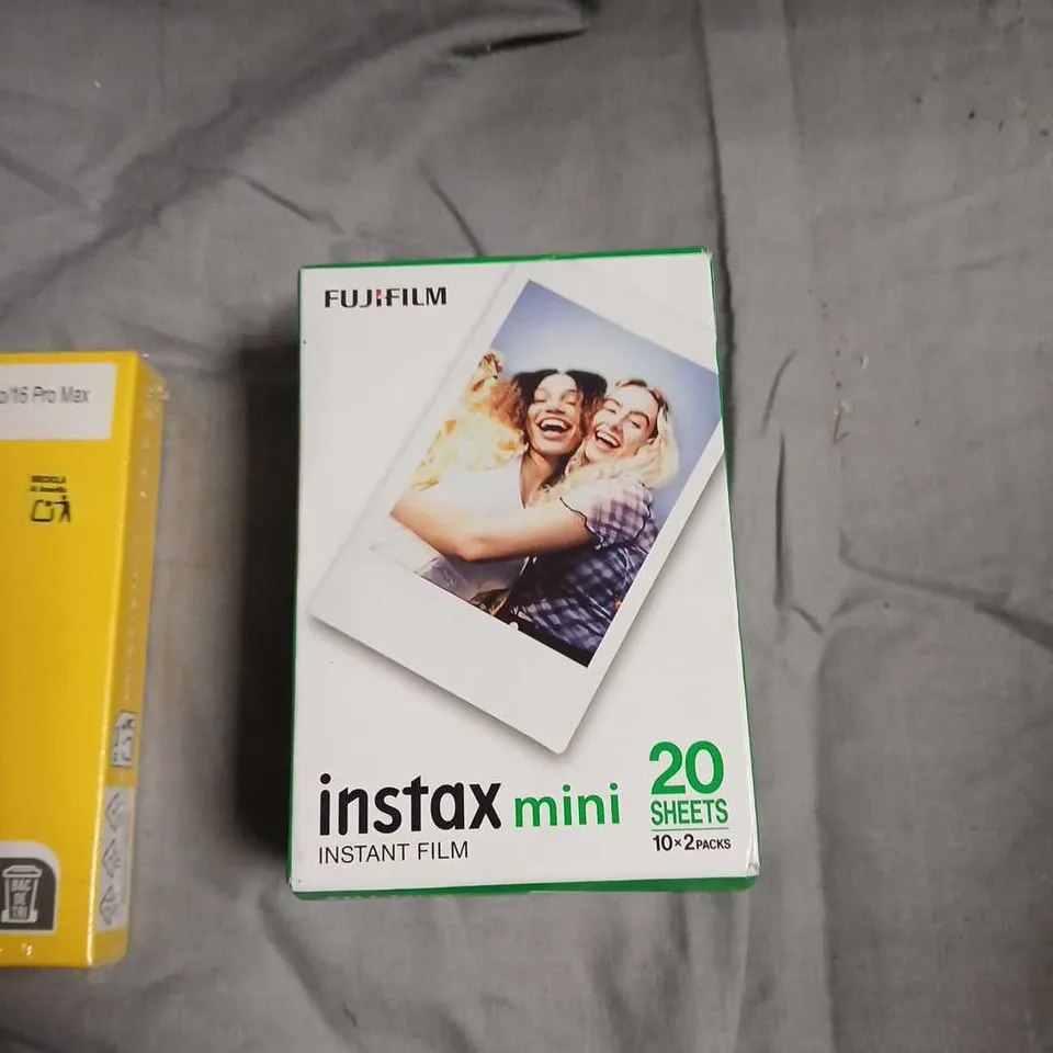 BOX OF ASSORTED ITEMS INCLUDING K&F CONCEPT NANO‑K ND FILTER 67MM + HD CAMERA PROTECTOR + INSTAX MINI FILM (20 SHEETS) + JETTECH IPHONE CASE PACKAGING + FUJIFILM INSTAX MINI BOX