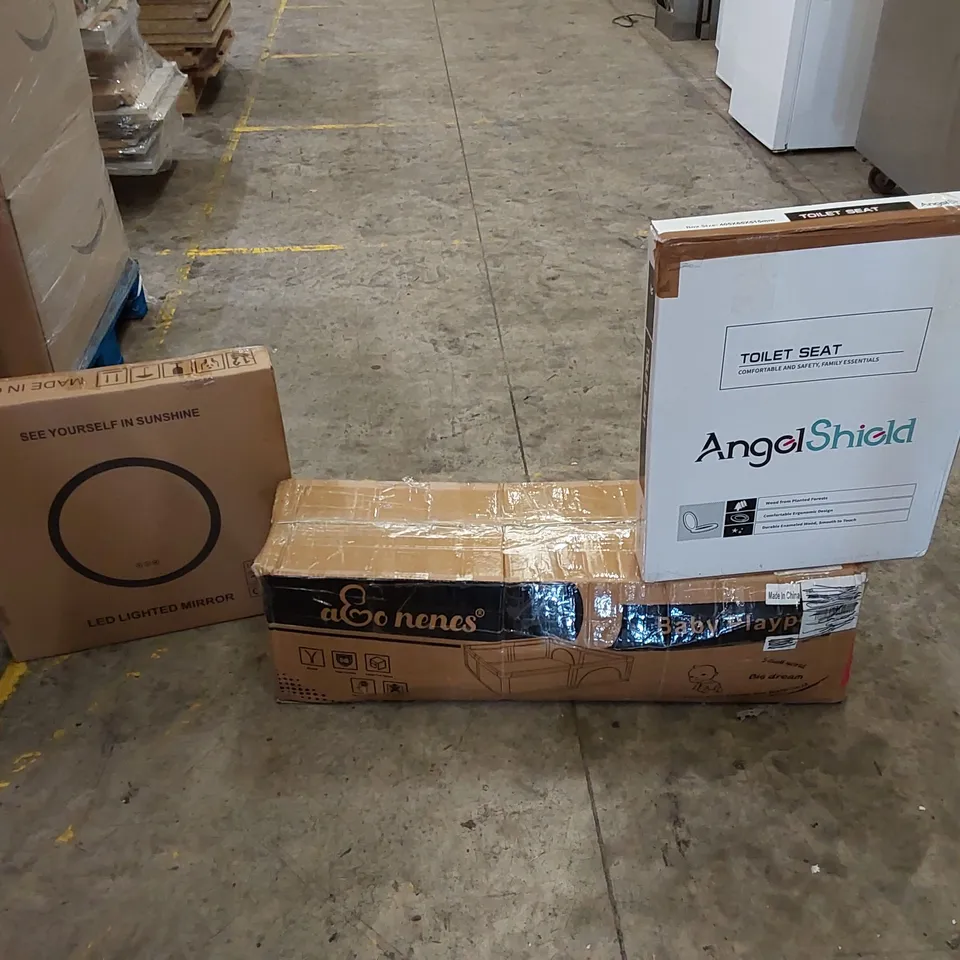 PALLET OF ASSORTED HOUSEHOLD ITEMS AND CONSUMER PRODUCTS. INCLUDING TOILET SEAT, PET BED, BABY PLAYPEN, LED LIGHTED MIRROR, BOXED FURNITURE ETC