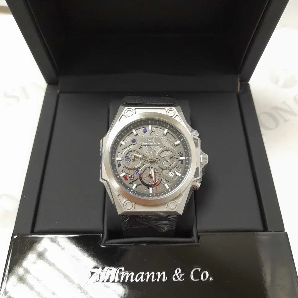 ZIHLMANN & CO GREY TRIPLE DIAL BLACK LEATHER STRAP WATCH