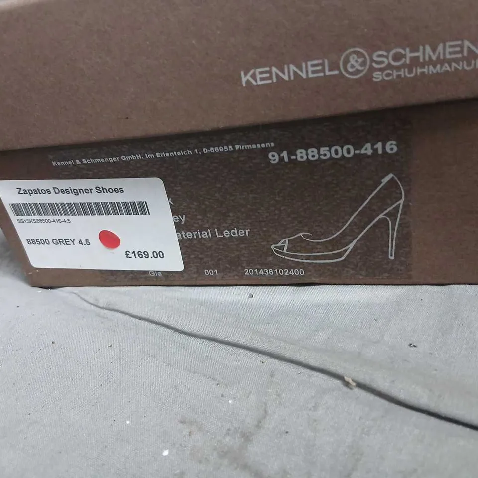 KENNEL & SCHMENGER GREY PATENT LEATHER PEEP-TOE HIGH HEELS – UK 4.5