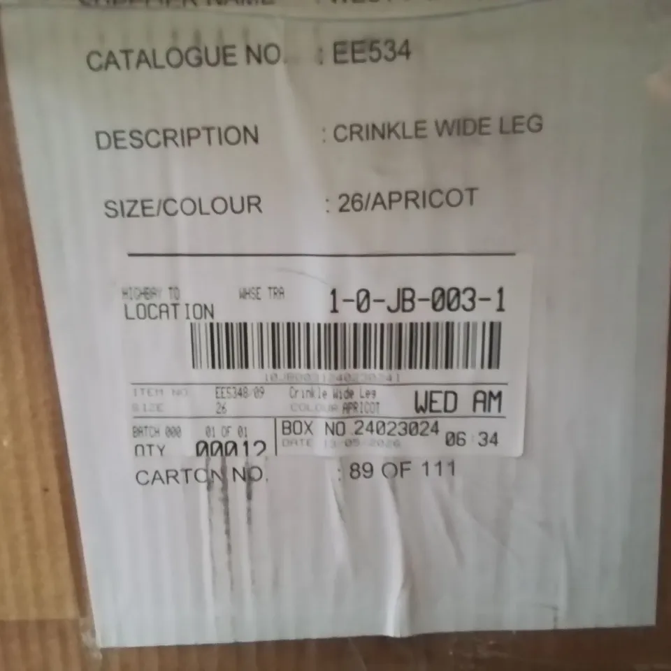 BOXED BRAND NEW APPROXIMATELY 12 JD WILLIAMS CRINKLE WIDE LEG APRICOT TROUSERS SIZE 26