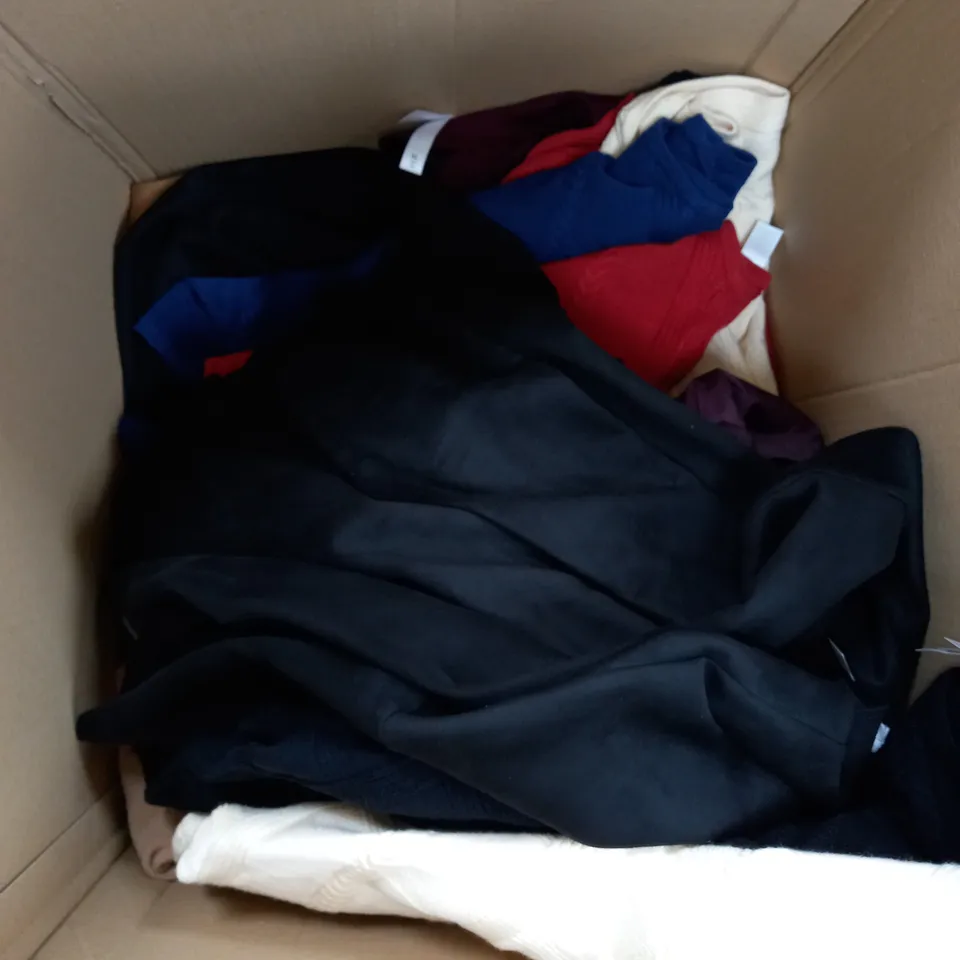 BOX OF APPROXIMATELY 20 ASSORTED CLOTHING PRODUCTS IN VARIOUS SIZES TO INCLUDE SKIRTS, JUMPERS, DRESSES ETC 